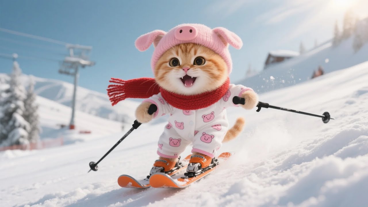 Adorable Ginger Kitten Goes Skiing With Mama Cat At The Winter Ski Resort 🎿❄️🐱