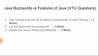 Java Buzzwords or Features of Java (Module-2 Chapter-2 -- 2.2.3 - Object Oriented Concepts) 18CS45