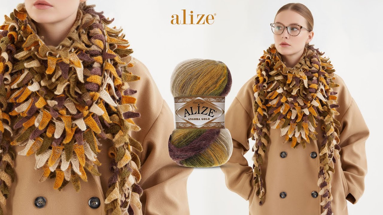 Шарф с листовидным мотивом и пряжей Alize Angora Gold Batik