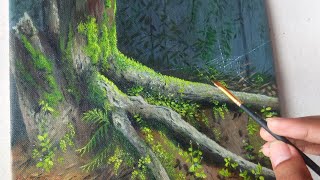 Acrylicpainting Tree Trunk with moss