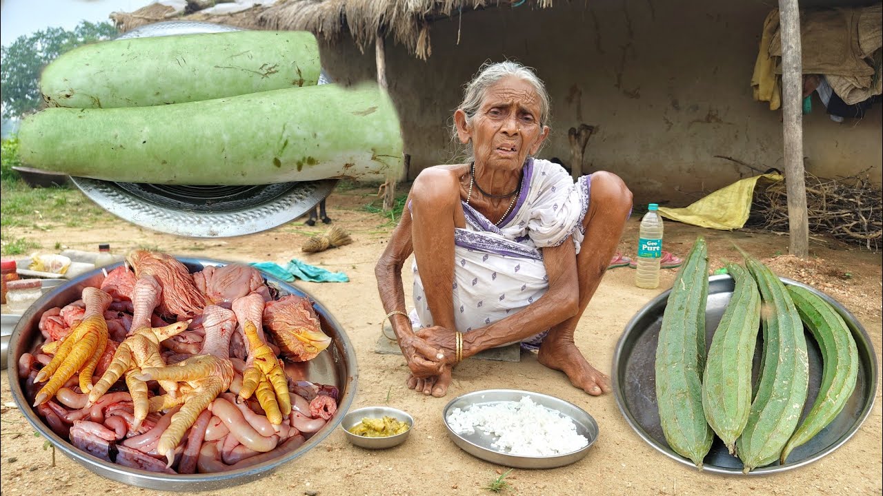 rural Poor Old tribe Grandma cooking CHICKEN SPART PARTS with RIDGE & BOTTLE GOURD recipe and eating