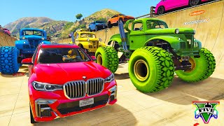 Spiderman Cars Monster Trucks Mega Deadpool Ramp Challenge ! Superhero Goku Race Tank Jet - Gta V