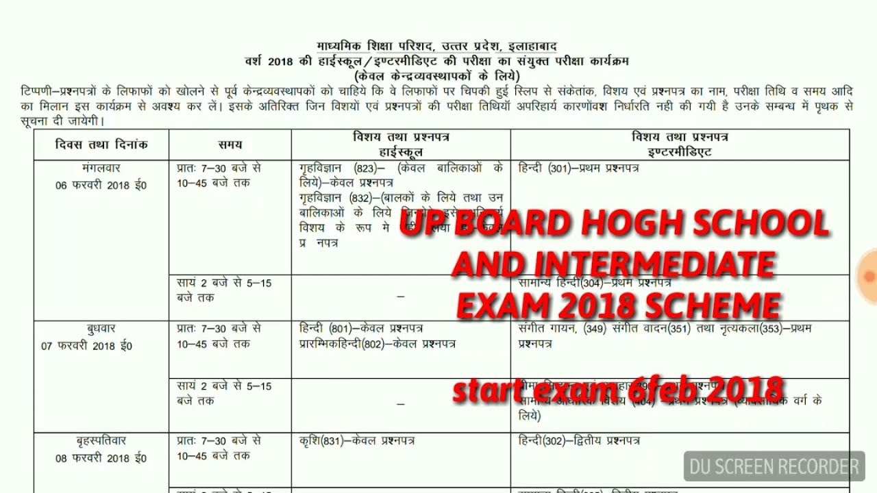 UP BOARD HOGH SCHOOL AND INTERMEDIATE EXAM 2018 SCHEME IN HINDI