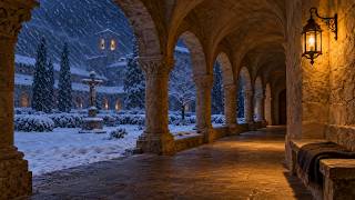 Snowstorm at a Catholic Mountain Monastery | Winter Wind & Distant Bells