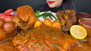 ASMR EATING DESI MUTTON CURRY,WHOLE CHICKEN CURRY,WHOLE FISH CURRY,EGG CURRY WITH RICE AND SALAD