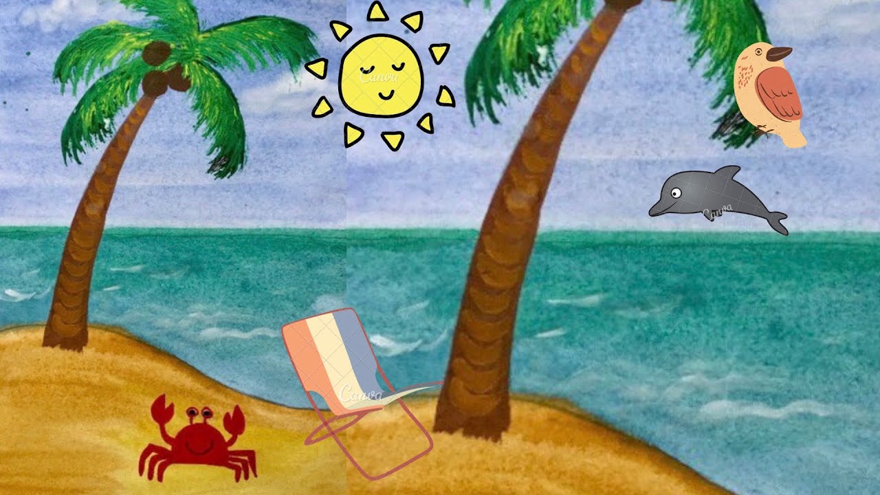 Произведение кирпичные острова глава кирпичные острова. Пляж рисунок. Детский рисунок море и пляж. Пляж рисунок для детей красками. Нарисовать пальмы и море.