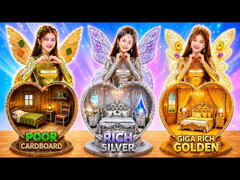 Poor Vs Rich Vs Giga Rich Girl Build Fairy Doll House! Cardboard, Silver, Gold Girl