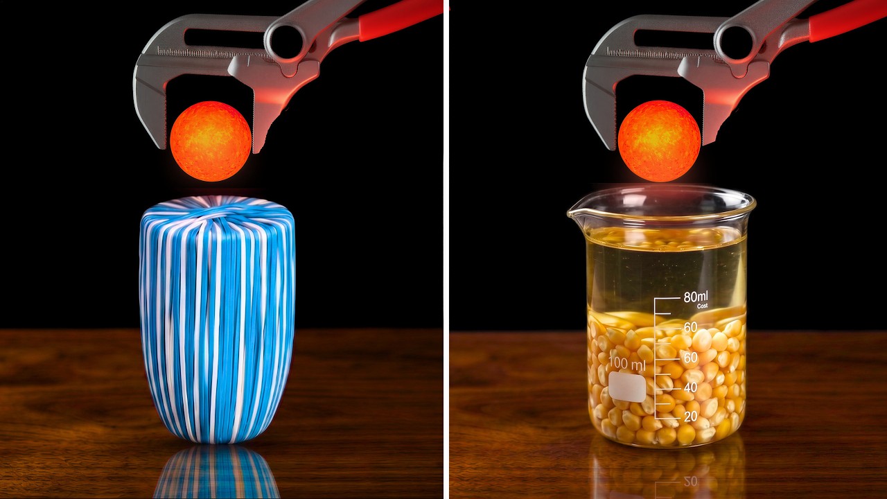 1000°C Red Hot Metal Ball vs Popcorn, Rubber Bands & more!