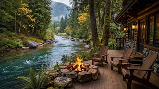 Calming Riverside Cabin Porch in the Forest 🌿 Smooth Piano Jazz & Crackling Fire for Relaxation screenshot 4