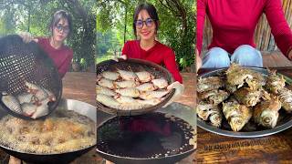 Amazing cooking deep fried fish and eat with vegetable recipe