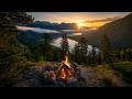 Relaxing Sunrise Campfire Ambience Mountain Lake Birds Singing Fire Sounds 