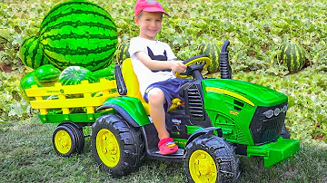 Tractor Excavator Watermelon Racing / Damian and Darius Fun Stories