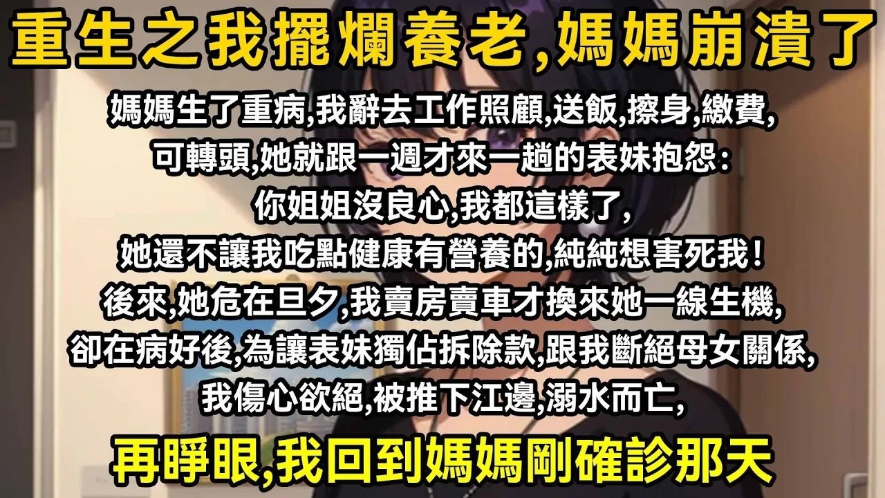 媽媽生了重病，我辭去工作照顧，送飯，擦身，繳費，但轉頭，她就跟一週才來一趟的表妹抱怨：你姐姐沒良心，我都這樣了，她還不讓我吃點健康有營養的，純純想害死我！後來，她危在旦夕，我賣房賣車才換來她一線生機