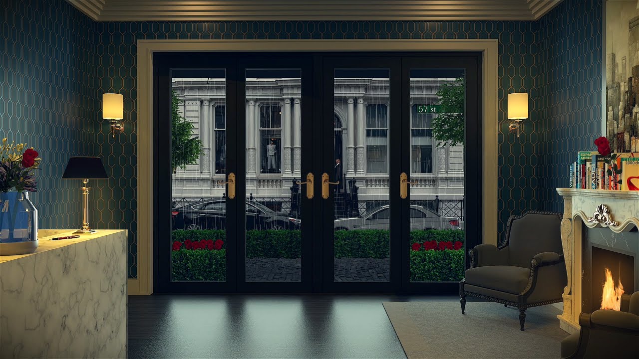 New York Hotel Lobby Ambience: Relaxing Jazz Music, Fireplace & Rain ...