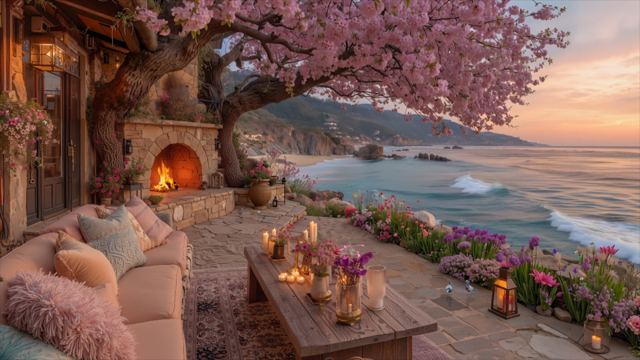 Cozy Spring Morning on an Ocean Porch 🌸 Soft Piano, Warm Fireplace ...