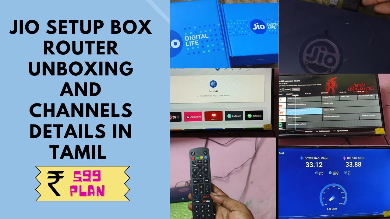 Jio fibre set top box router unboxing and channel details in Tamil ...