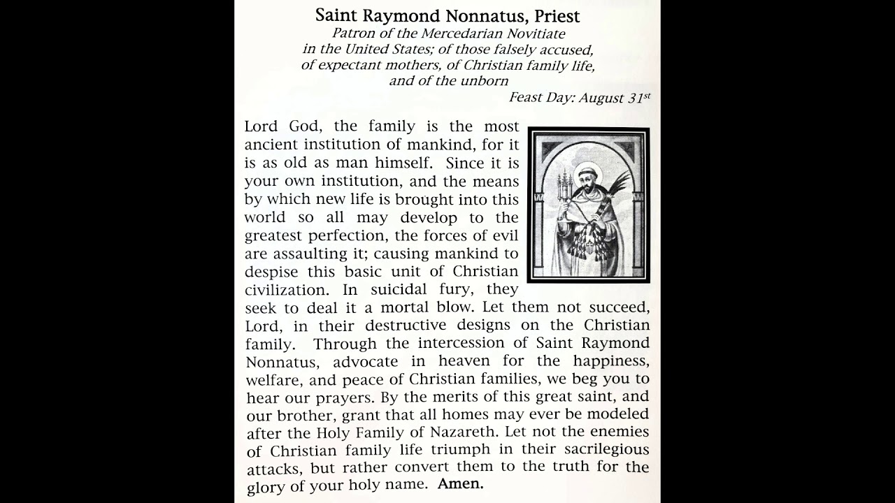 Prayer for Christian Family Life to Saint Raymond Nonnatus YouTube