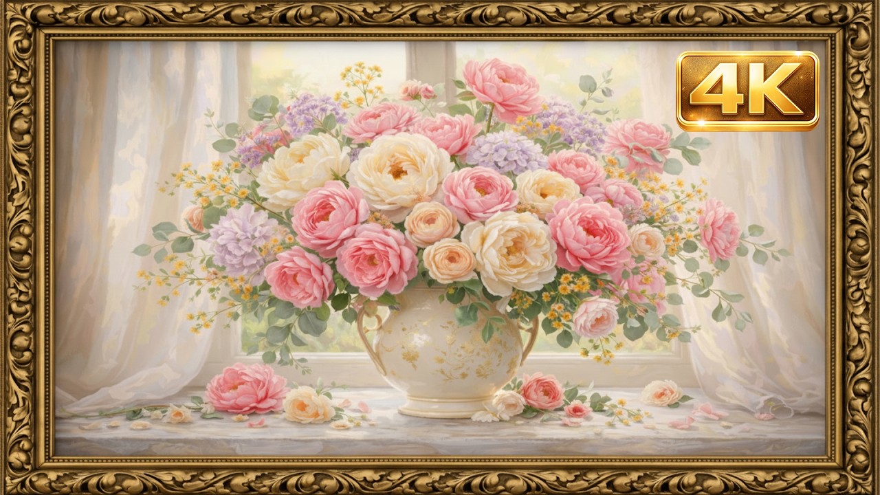 Classic Rose Bouquet Oil Painting 4K | Elegant Framed TV Vintage Aesthetic