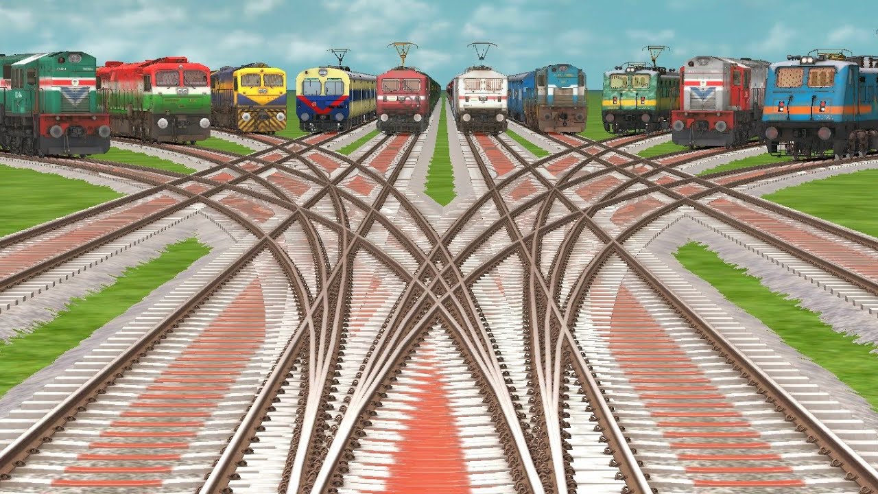 10 TRAINS BACK TO BACK CROSSING ON BUMPY RAILROAD TRACKS | Railworks ...