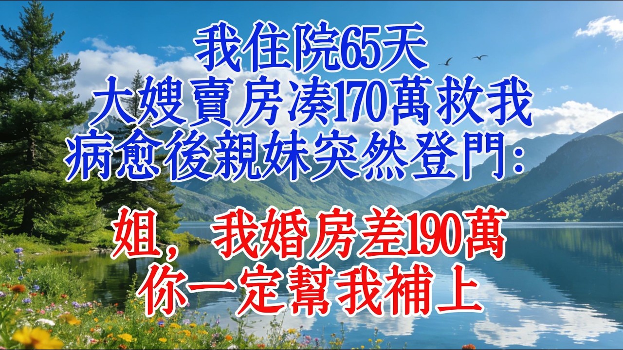 我住院65天，大嫂賣房湊170萬救我，病癒後親妹突然登門：姐，我婚房差190萬，你一定幫我補上#婆媳 #故事頻道 #情感