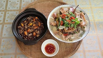 Canh chua cơm mẻ khô cá lóc nấu bắp chuối và cá cơm kho quẹt. Món ngon miền quê.