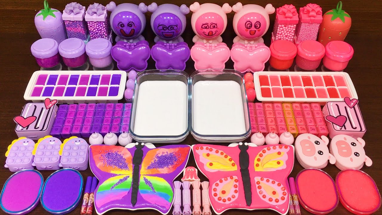 PINK vs PURPLE BUTTERFLY!! Mixing Random Things into GLOSSY SLIME!!! Satisfying Video #27