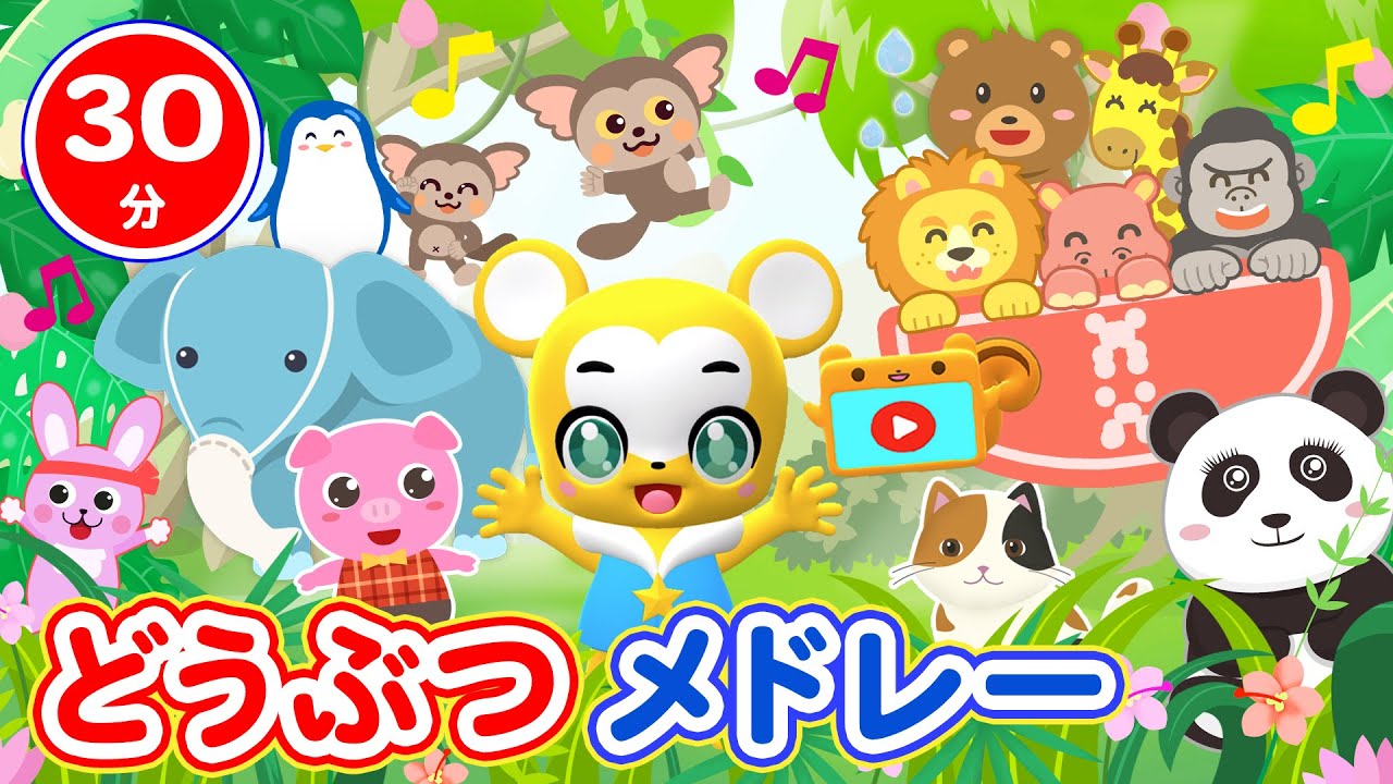 【30分連続】どうぶつメドレー★子供が笑って喜ぶ人気曲メドレー★ジャングルポケット、ブンバ・ボーン、アイアイ、コンコンクシャンのうた、パンダうさぎコアラ等童謡・手遊び等全14曲