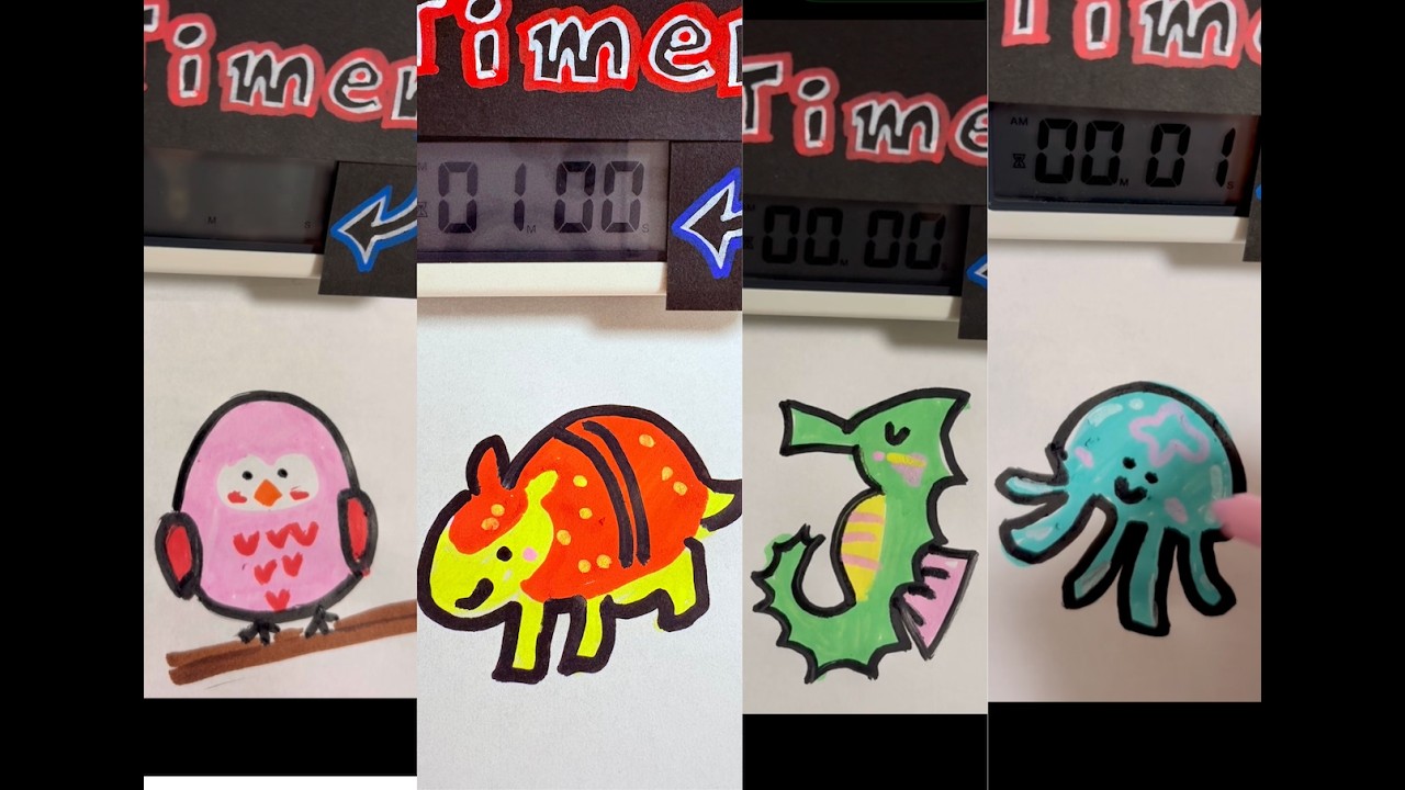 ✍️ 1 Minute Animal Drawing Challenge ASMR Compilation （Jellyfish,Owl,Armadillo,Seahorse）