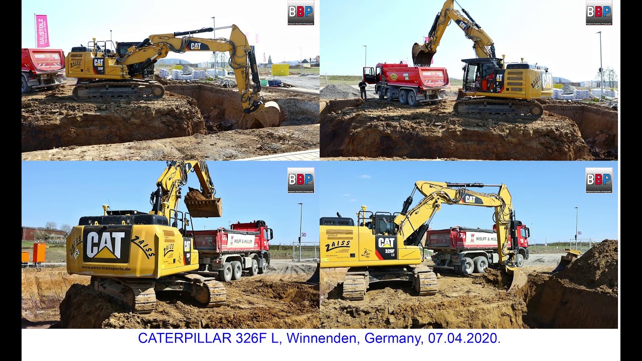 CATERPILLAR 326F & MERCEDES-BENZ, MAN Dump Trucks, Winnenden, Germany, 07.04.2020.