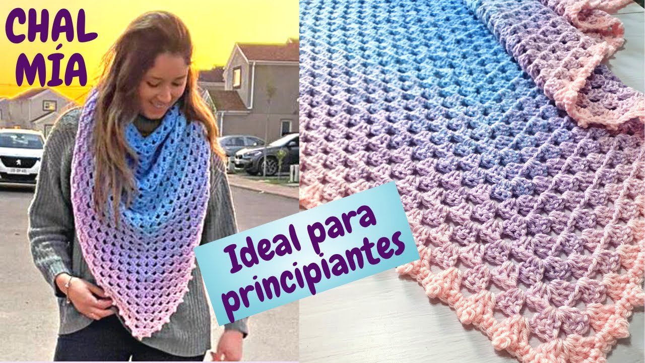 Tutorial Chal Mía, te enseño a tejer un chal a crochet con PUNTO GRANNY, bufanda triangular