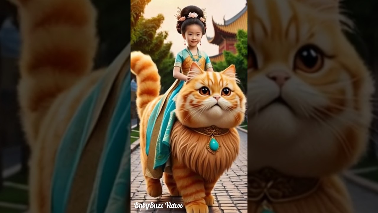 Magical Rides: Girl Riding Majestic Giant Cats in Whimsical Fantasy Worlds 