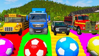 Double Flatbed Trailer Truck rescue Bus - Cars vs Stairs Colors - Cars vs Rail and Train