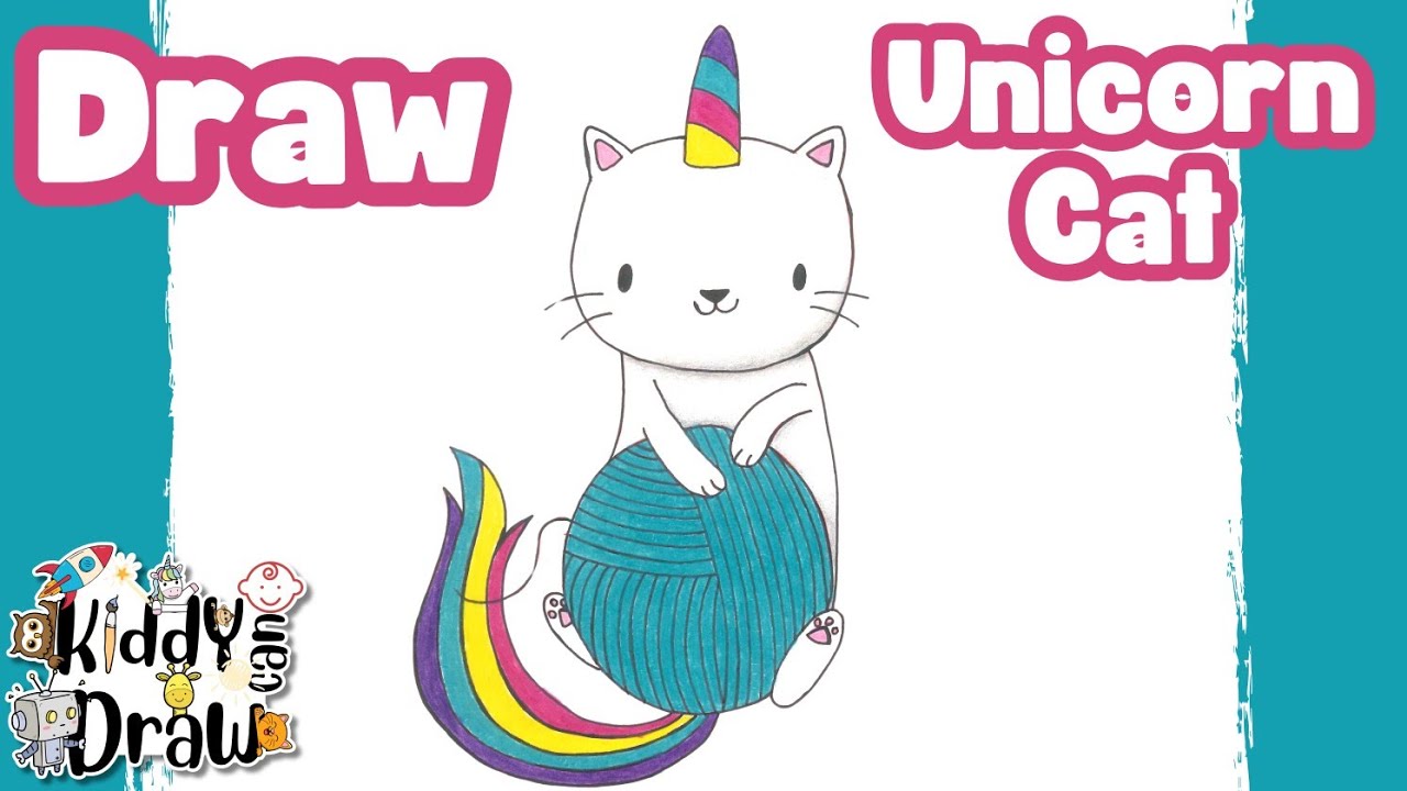 How to Draw Unicorn Cat playing with yarn for kids | Kiddy Can Draw ...