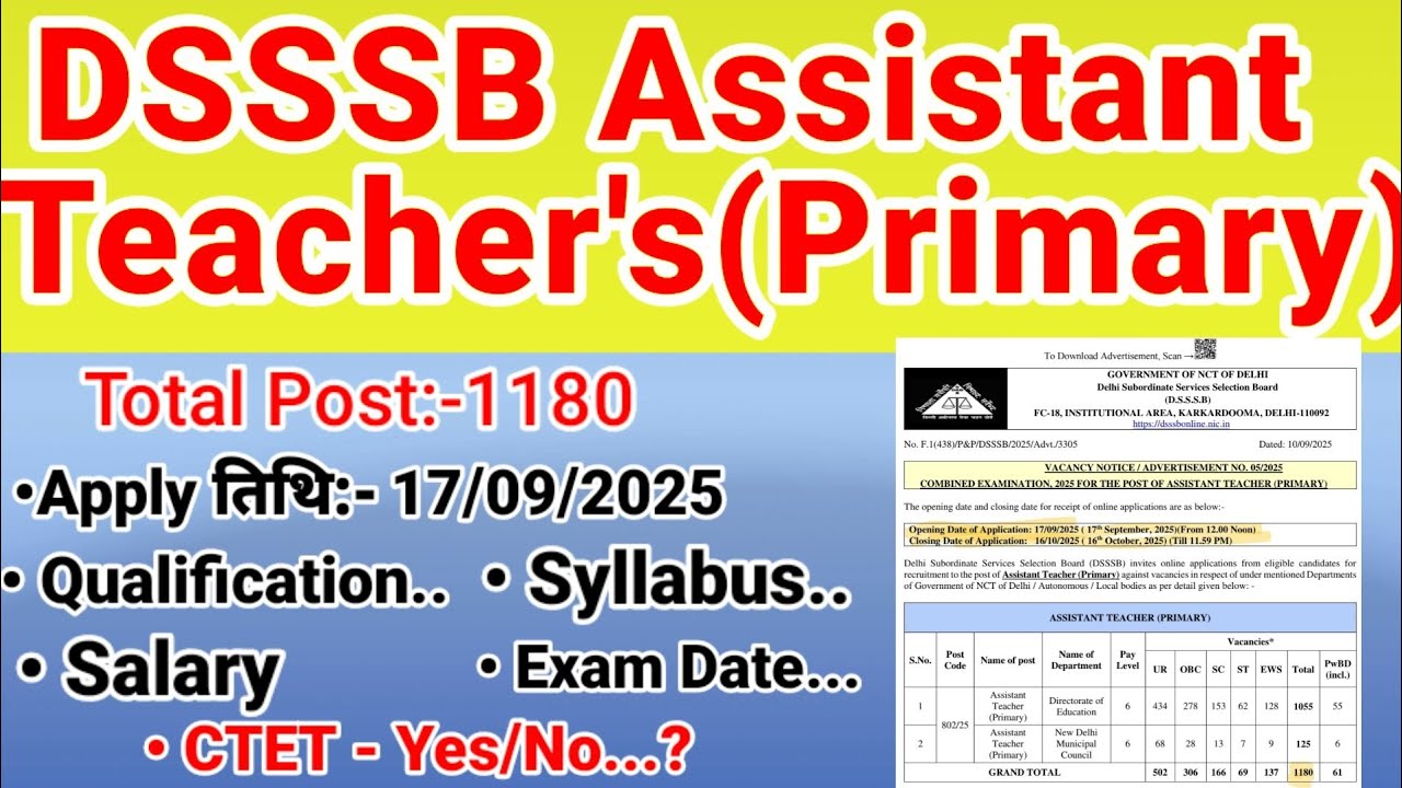 DSSSB Assistant Teachers(Primary)Vacancy 2025|DSSSB Primary Teachers From apply kaise kare|