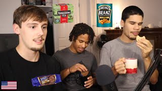 Americans Try British Snacks! (Beans on Toast, Tea, Biscuits, Crisps)