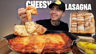 MUKBANG EATING Costco SAUCY Lasagna, Little Caesars Cheesy Italian Bread, Cinnamon bites