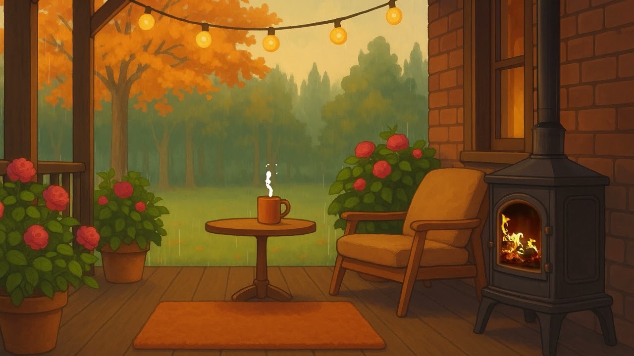 🌸🎶 Relaxing Lofi Spring Porch | Gentle Rain, Fireplace & Chill Beats | No Ads, 2 Hours 🌧️🔥