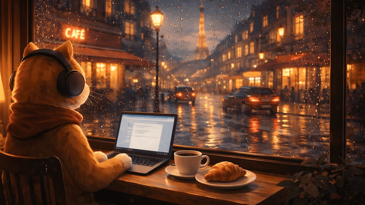 Rainy Night Café Lofi ☕🌧️ Cozy Paris Vibes for Focus, Study & Relax | Amber Cat Lofi