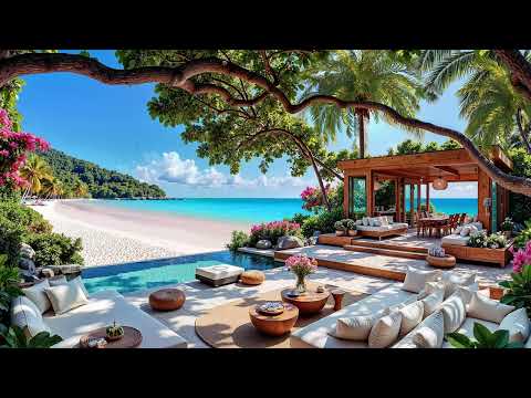 Soft Jazz In Tranquil Villa Cafe Ambience | Soothing Piano Jazz With Wave Sounds For Productivity