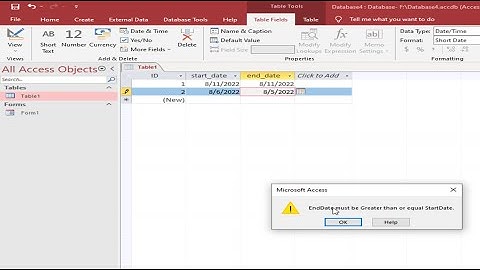 How to validate EndDate Greater than or equal StartDate in MS access tables