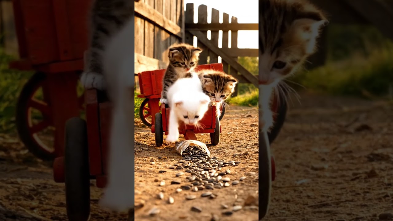 "Mama Cat presses and Sunflowers Golden Oil for Farm at kittens 🌻🐾🪣"