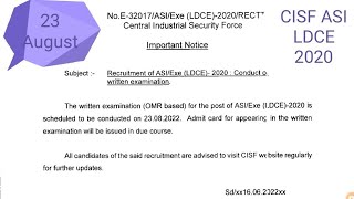 CISF ASI LDCE 2020 EXAM DATE 23 -08 - 2022