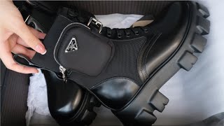 Prada Monolith 55mm Pouch Ankle Boots Black Leather Unboxing