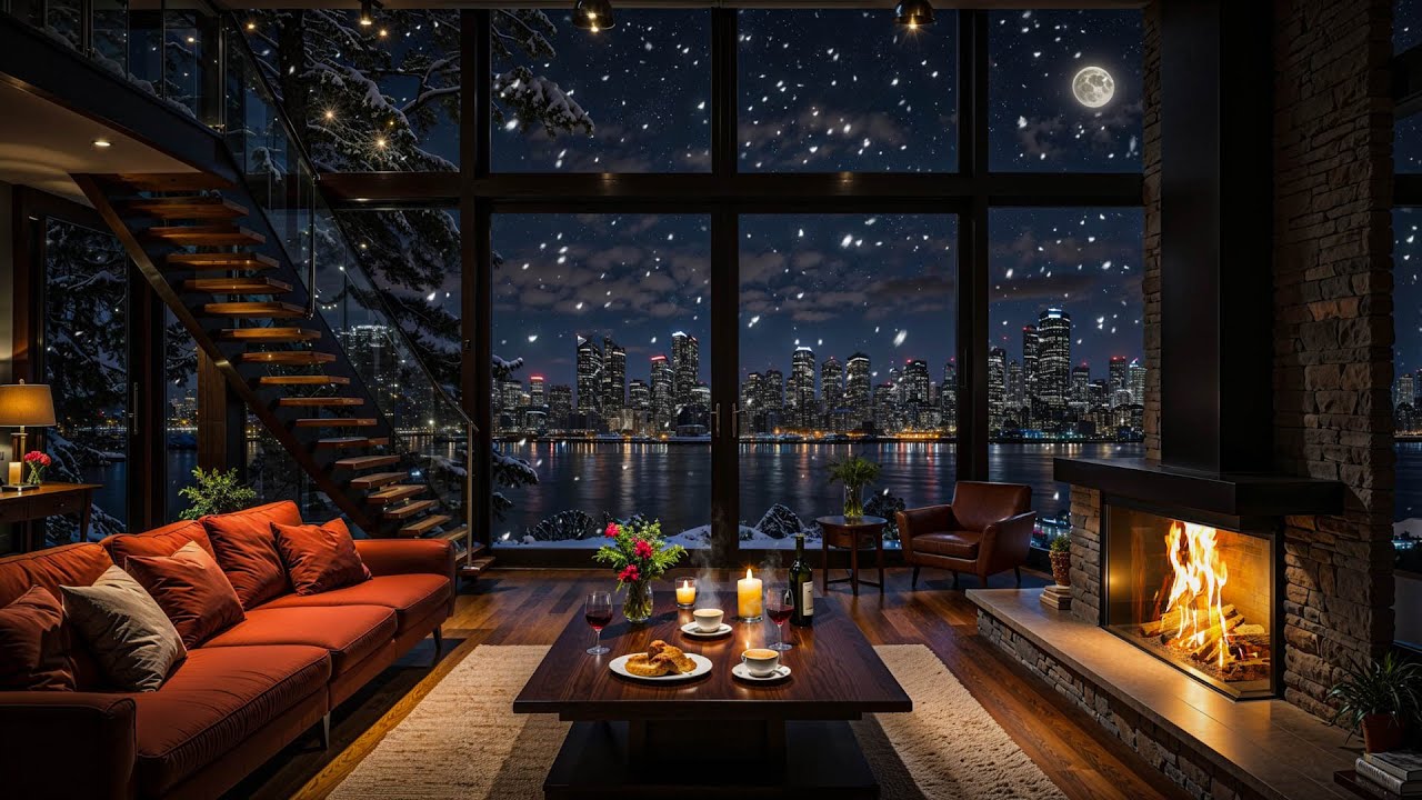 Night Apartment Ambience 🌙 Cozy Jazz Piano Fireplace Sounds for Study & Sleep