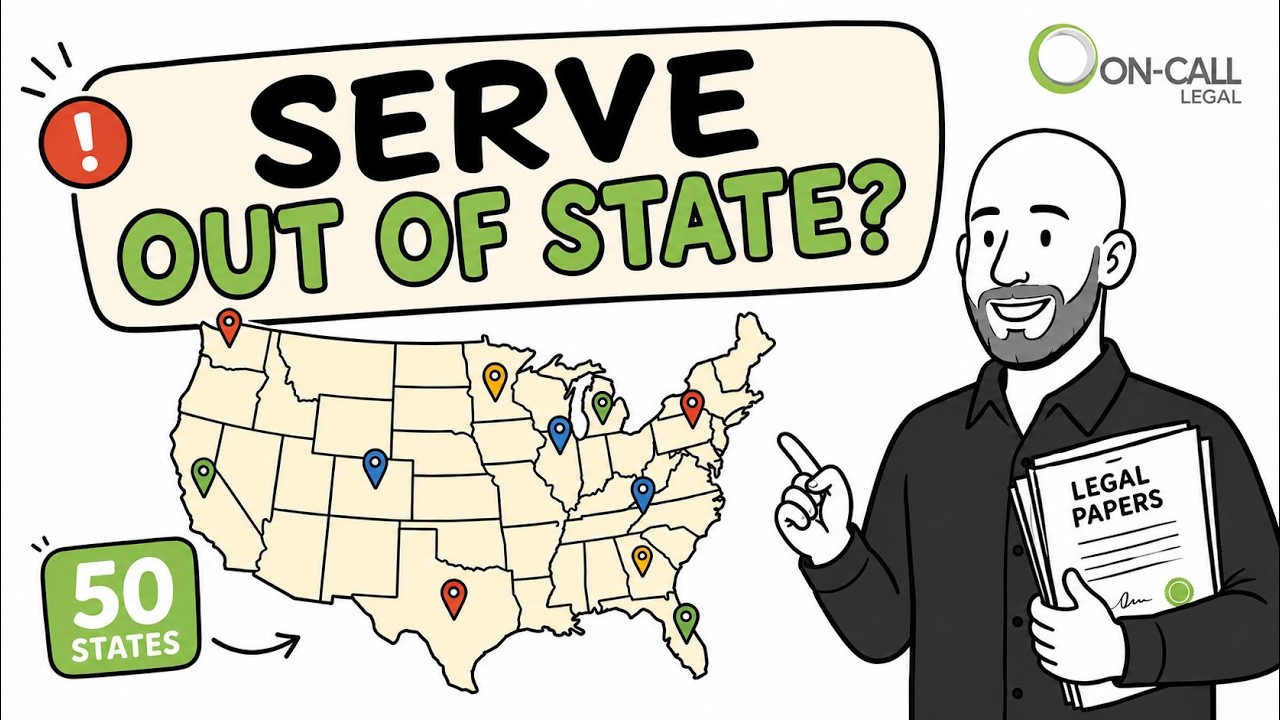 Brandon Yadegar holds a stack of legal papers and points at a map of the United States marked with location pins and a 50 states badge