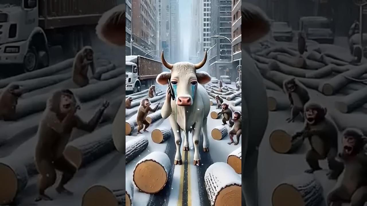 गाय लकड़ियाँ ले जा रही थी और कुछ बंदरों ने उसे फेंक दिया।