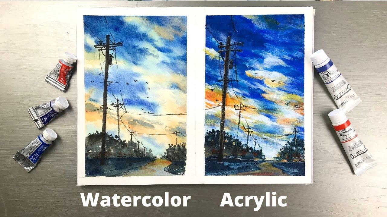WATERCOLOR Vs ACRYLIC Painting Series 1 On Same Topic Landscape WATERCOLOR Vs ACRYLIC Painting Series 1 On Same Topic Landscape
