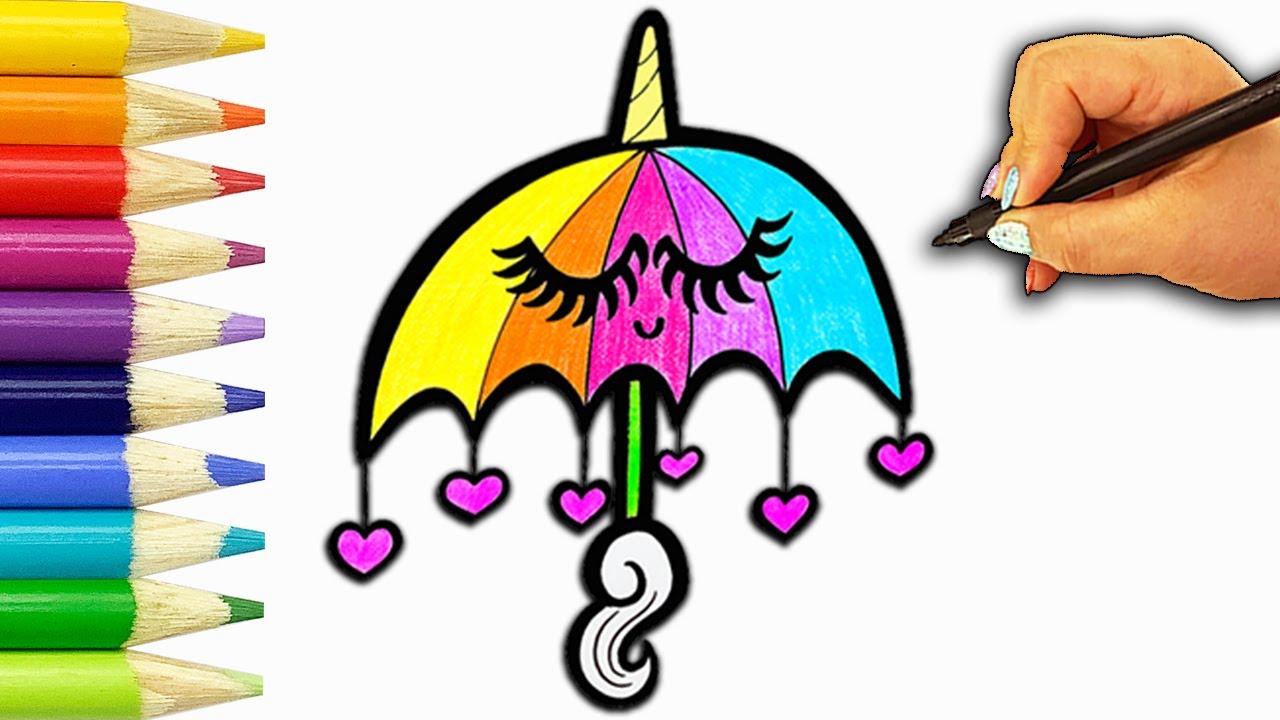 How To Draw A Unicorn Umbrella With Rainbow Heart Charms Easy Drawing