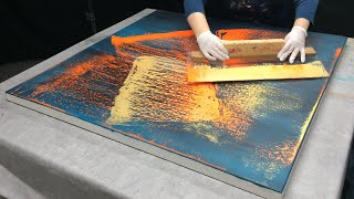 abstract acrylic painting on large canvas | gold, blue, reflex orange