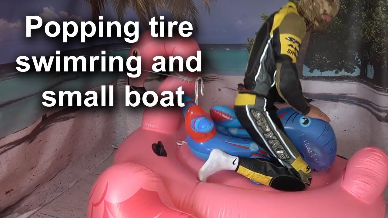 Pop inflatable - Popping a small plane boat and tire swim ring - YouTube